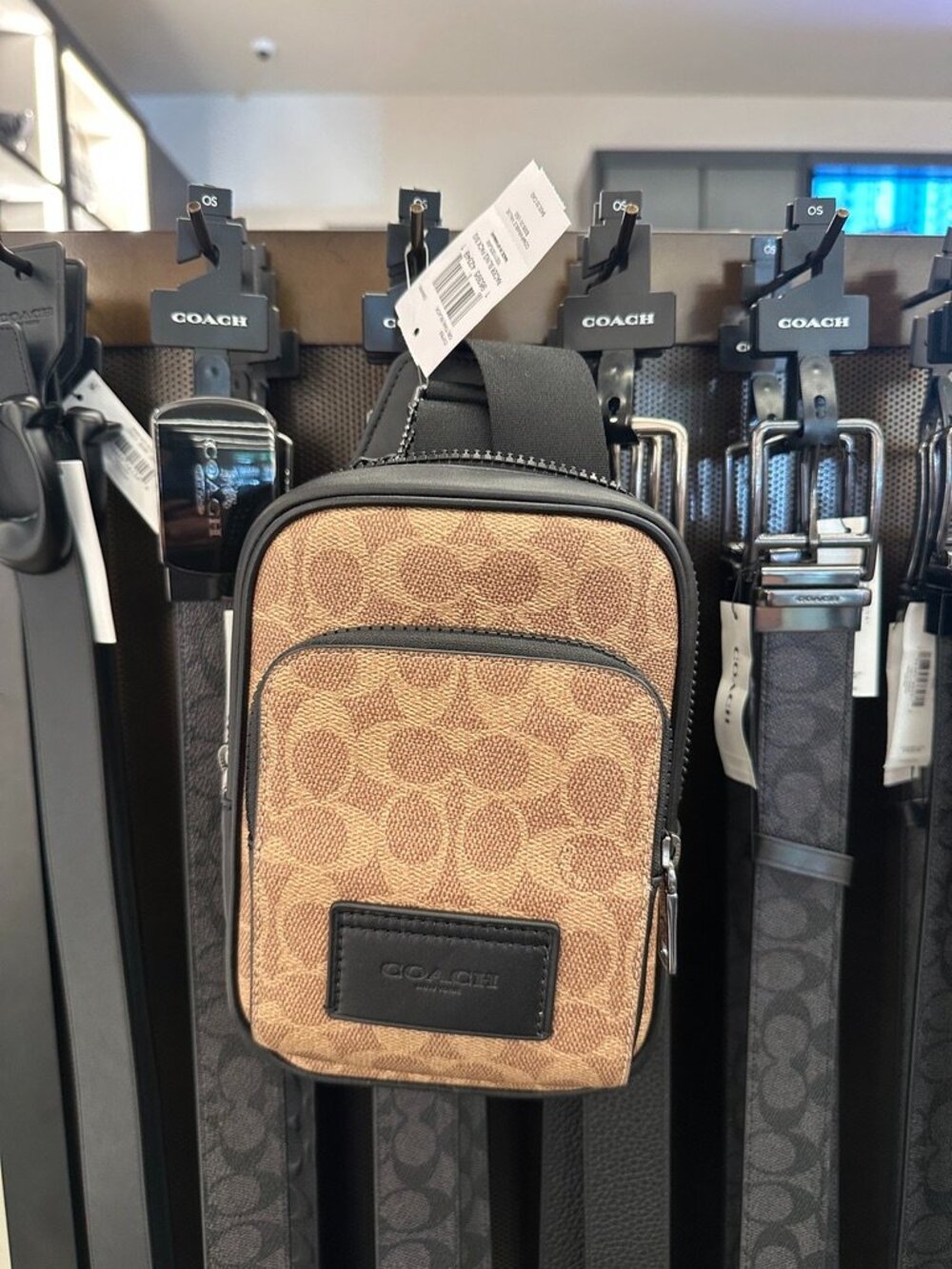 NWT! Coach CV763 Men's Racer Sling Pack Signature Canvas Gunmetal Tan/Black